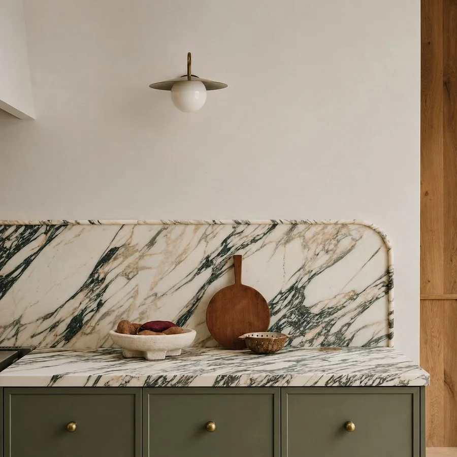 Green-veined marble splashback and worktop over sage cabinetry