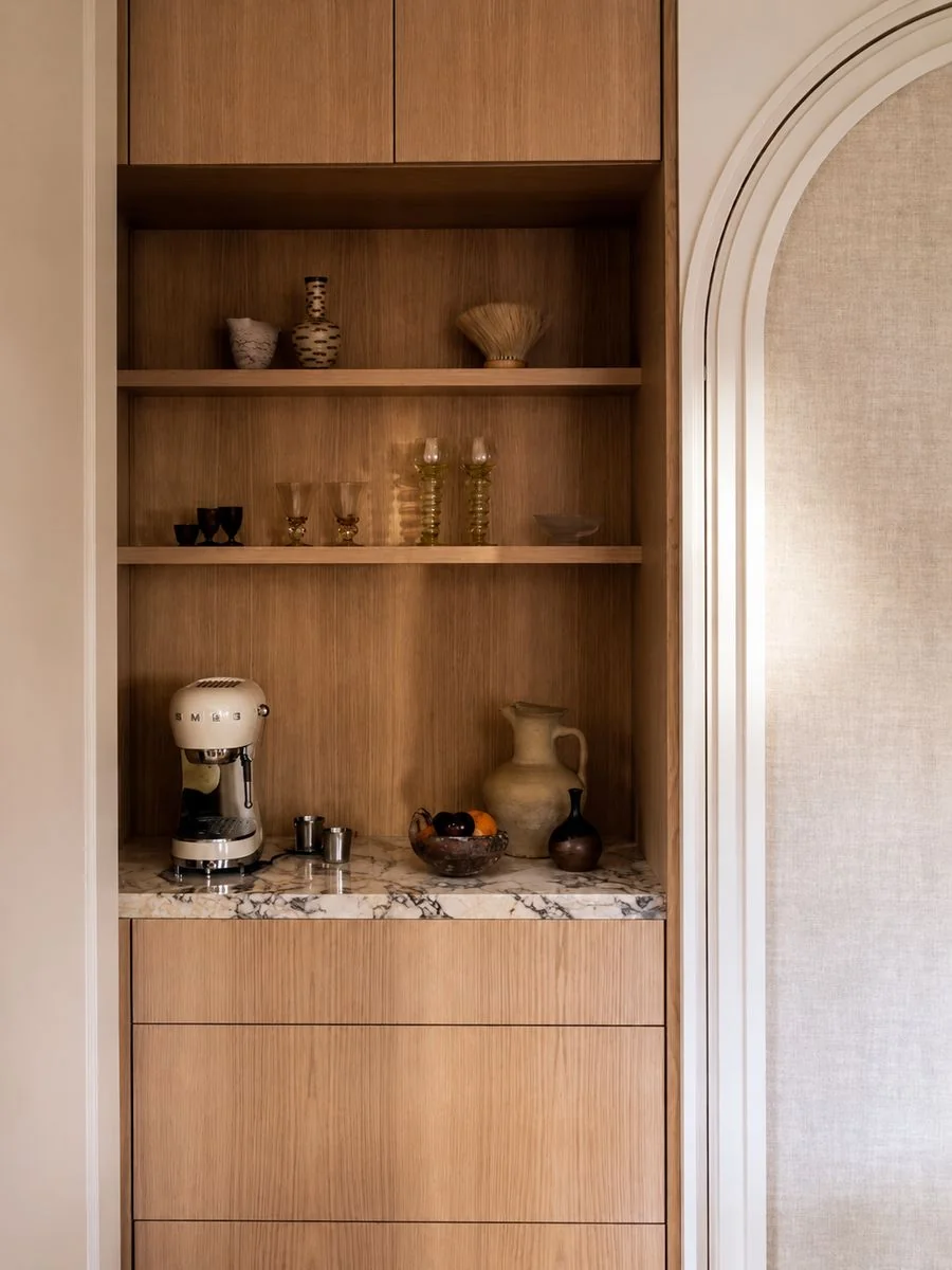 Oak coffee nook with marbled stone worktop