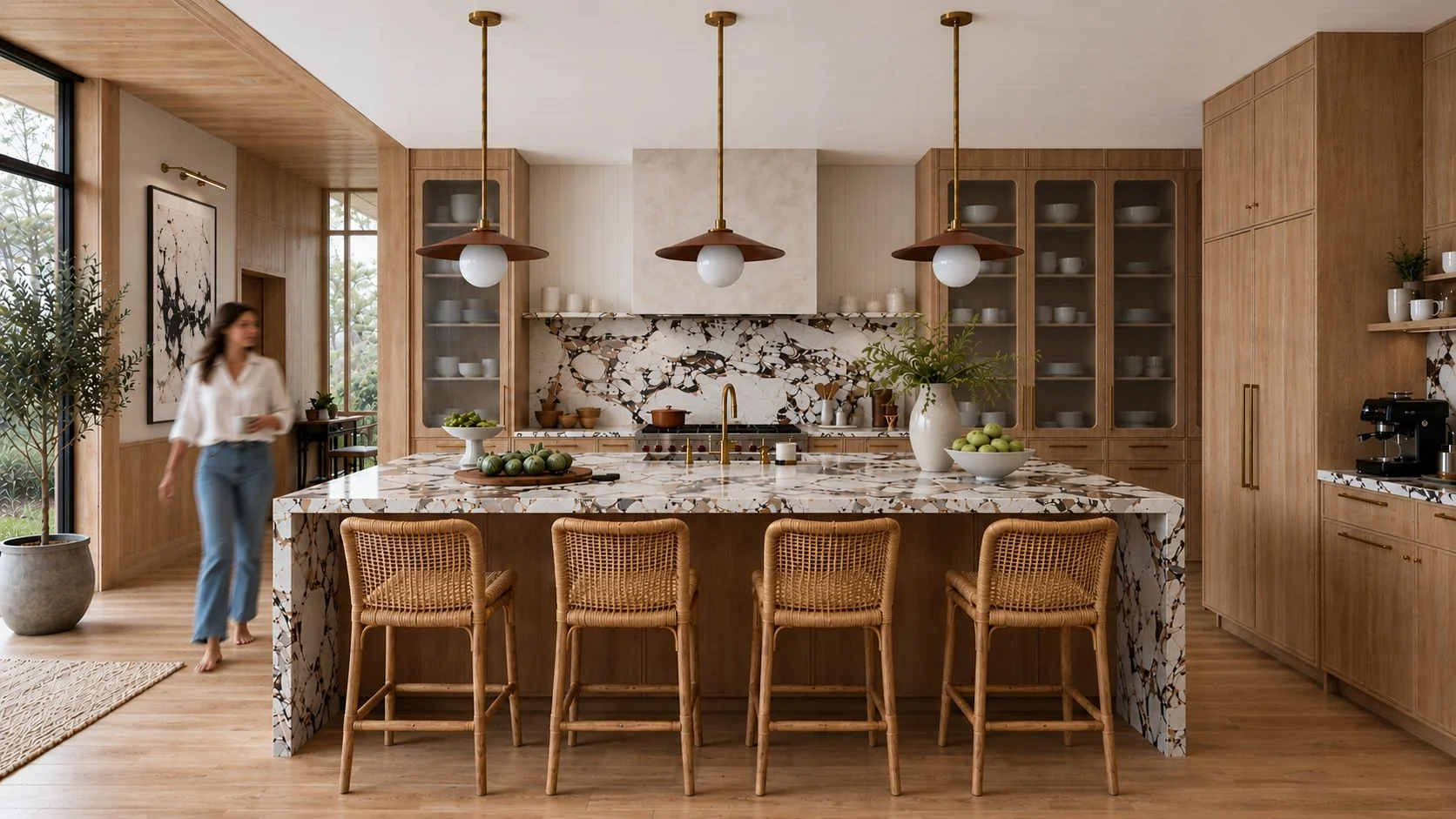 Warm timber kitchen with marbled stone island and rattan bar stools
